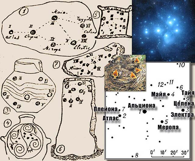 Изображения созвездия Плеяд на предметах, относящихся к палеолиту.